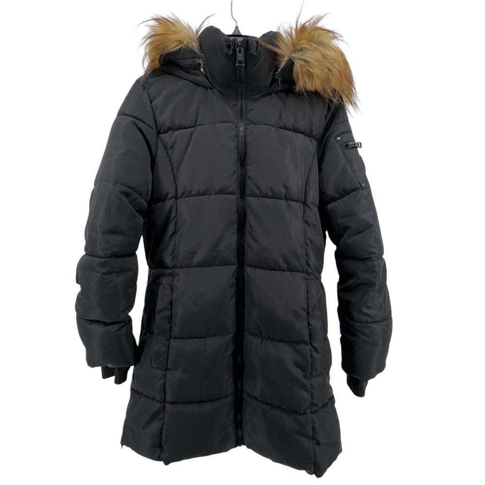 Madden Girl Puffer Coat Juniors Medium Black Faux Fur Hood Parka Winter Jacket